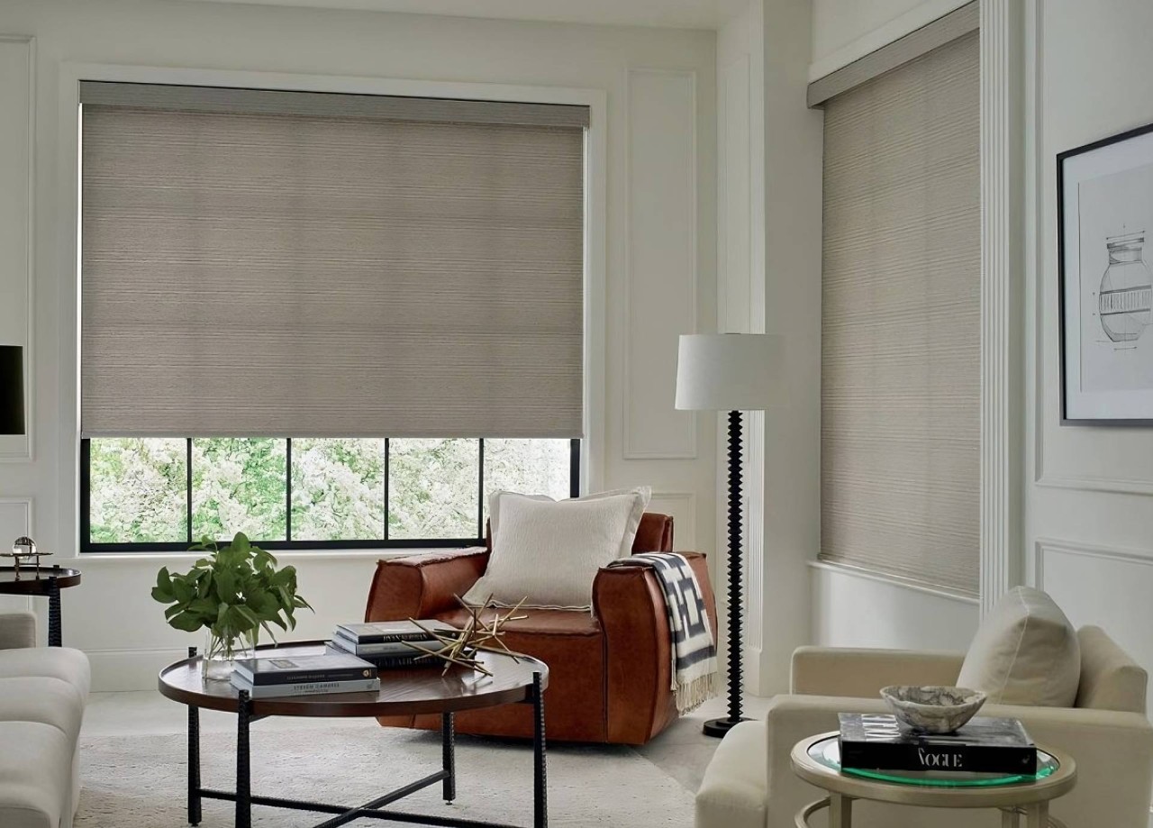 Designer Roller Shades hanging in a home near Redmond, Oregon