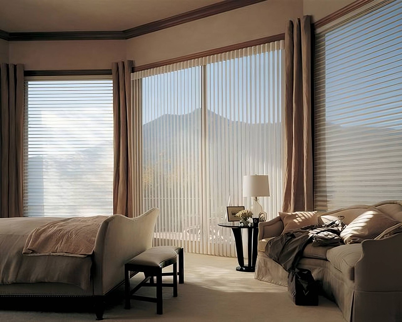 Hunter Douglas Sheer Shades hanging in a living room filtering light and creating a soft glow near Redmond, OR